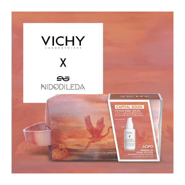 Vichy Capital Soleil UV-AGE DAILY Αντηλιακό Προσώπου με Χρώμα 40ml με ΔΩΡΟ Συλλεκτικό Τσαντάκι Αποκλειστικά Σχεδιασμένο by Nidodileda & Mineral 89 Κρέμα Βοοster Ενυδάτωσης 15ml