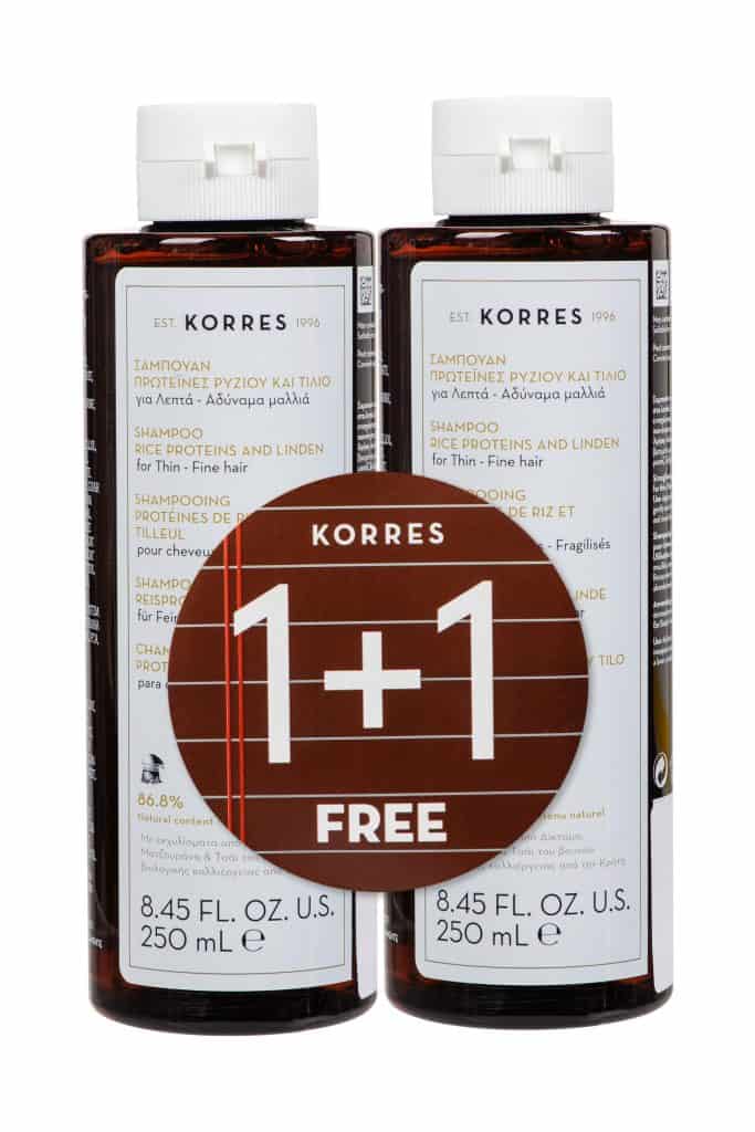 KORRES ΠΡΩΤΕΪΝΕΣ ΡΥΖΙΟΥ & TΙΛΙΟ Σαμπουάν για Λεπτά - Αδύναμα Μαλλιά 1+1