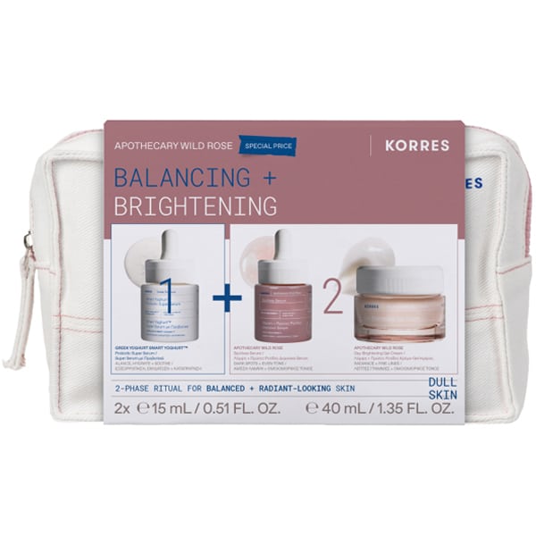 Korres Promo Pack με Smart Yoghurt Super Serum με Προβιοτικά 15ml- Apothecary Wild Rose Ορός Προσώπου για Λάμψη 15ml- Κρέμα-Gel Ημέρας για Κανονικές & Μεικτές Επιδερμίδες 40ml & Δώρο Νεσεσέρ