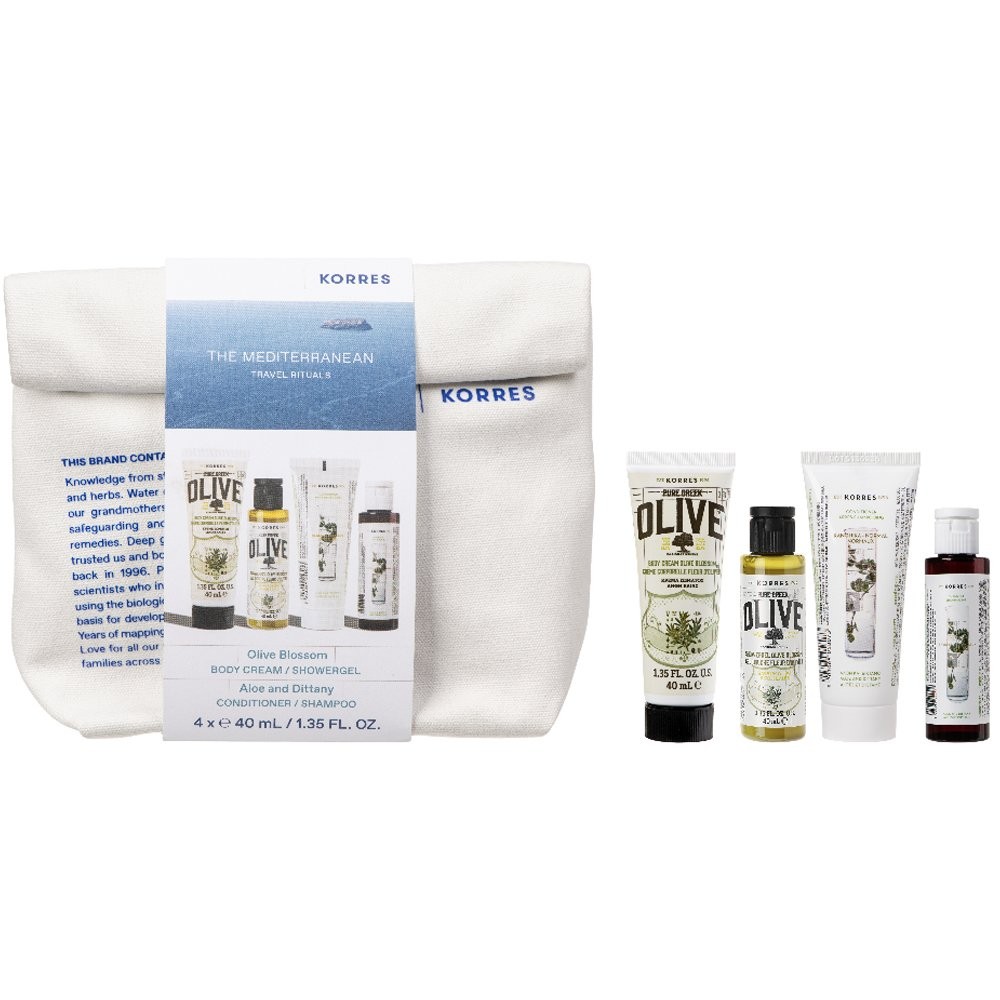 Korres Promo Travel Size The Mediterranean Pure Greek Olive Blossom Αφρόλουτρο 40ml- Body Milk Olive Blossom Κρέμα Σώματος 40ml- Σαμπουάν για Κανονικά Μαλλιά με Αλόη & Δίκταμο 40ml- Μαλακτική Κρέμα Αλοή & Δίκταμο 40ml & Δώρο Νεσεσέρ 1τεμ