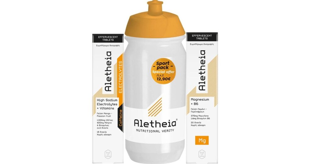 Aletheia Sport Pack Promo Ηλεκτρολύτες High Sodium 1000mg με Καφεΐνη & Βιταμίνες 18 Αναβράζοντα Δισκία + Magnesium 375mg με Βιταμίνη B6 20 Αναβράζοντα Δισκία + Παγούρι 500ml