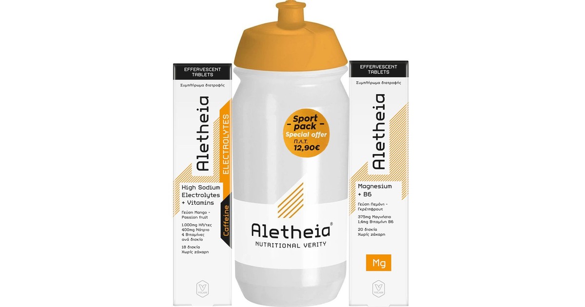 Aletheia Sport Pack Promo Ηλεκτρολύτες High Sodium 1000mg με Καφεΐνη & Βιταμίνες 18 Αναβράζοντα Δισκία + Magnesium 375mg με Βιταμίνη B6 20 Αναβράζοντα Δισκία + Παγούρι 500ml